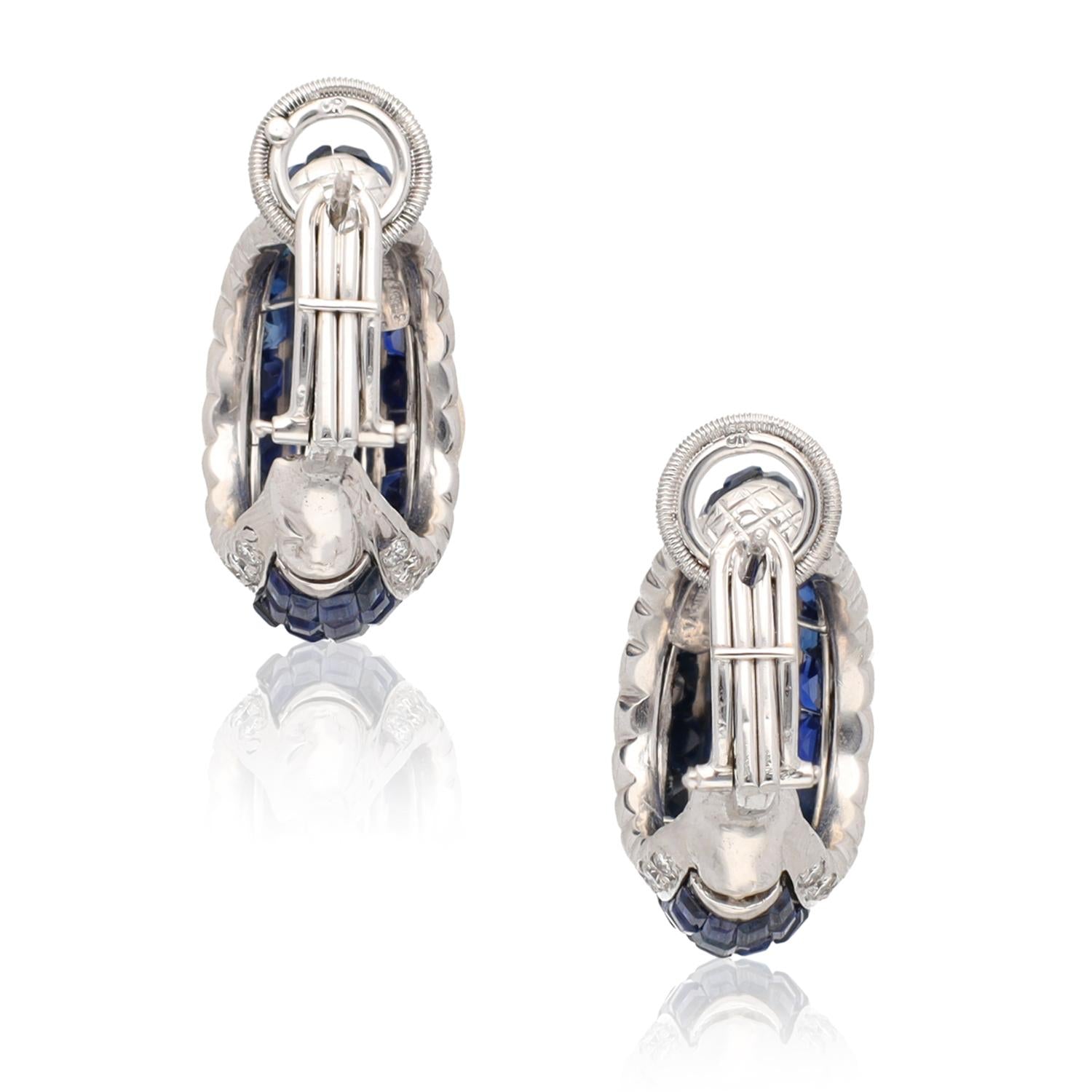 VAN CLEEF & ARPELS Platinum Mystery Set Sapphire and Diamond Hoop Ear Clips