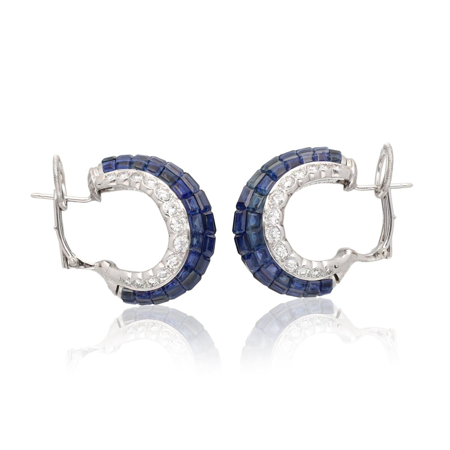 VAN CLEEF & ARPELS Platinum Mystery Set Sapphire and Diamond Hoop Ear Clips