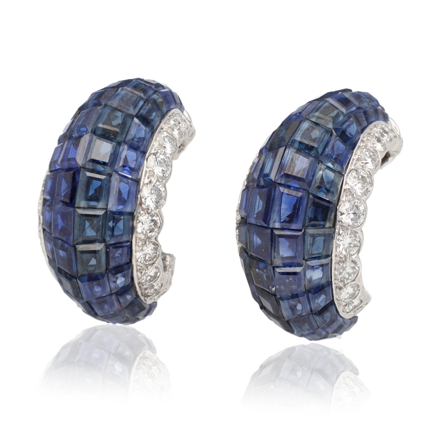 VAN CLEEF & ARPELS Platinum Mystery Set Sapphire and Diamond Hoop Ear Clips
