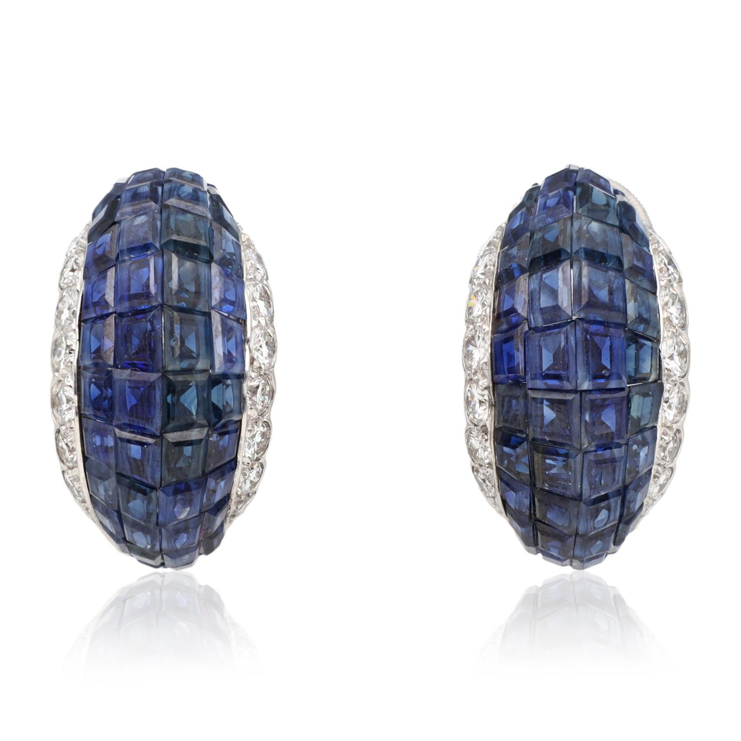 VAN CLEEF & ARPELS Platinum Mystery Set Sapphire and Diamond Hoop Ear Clips