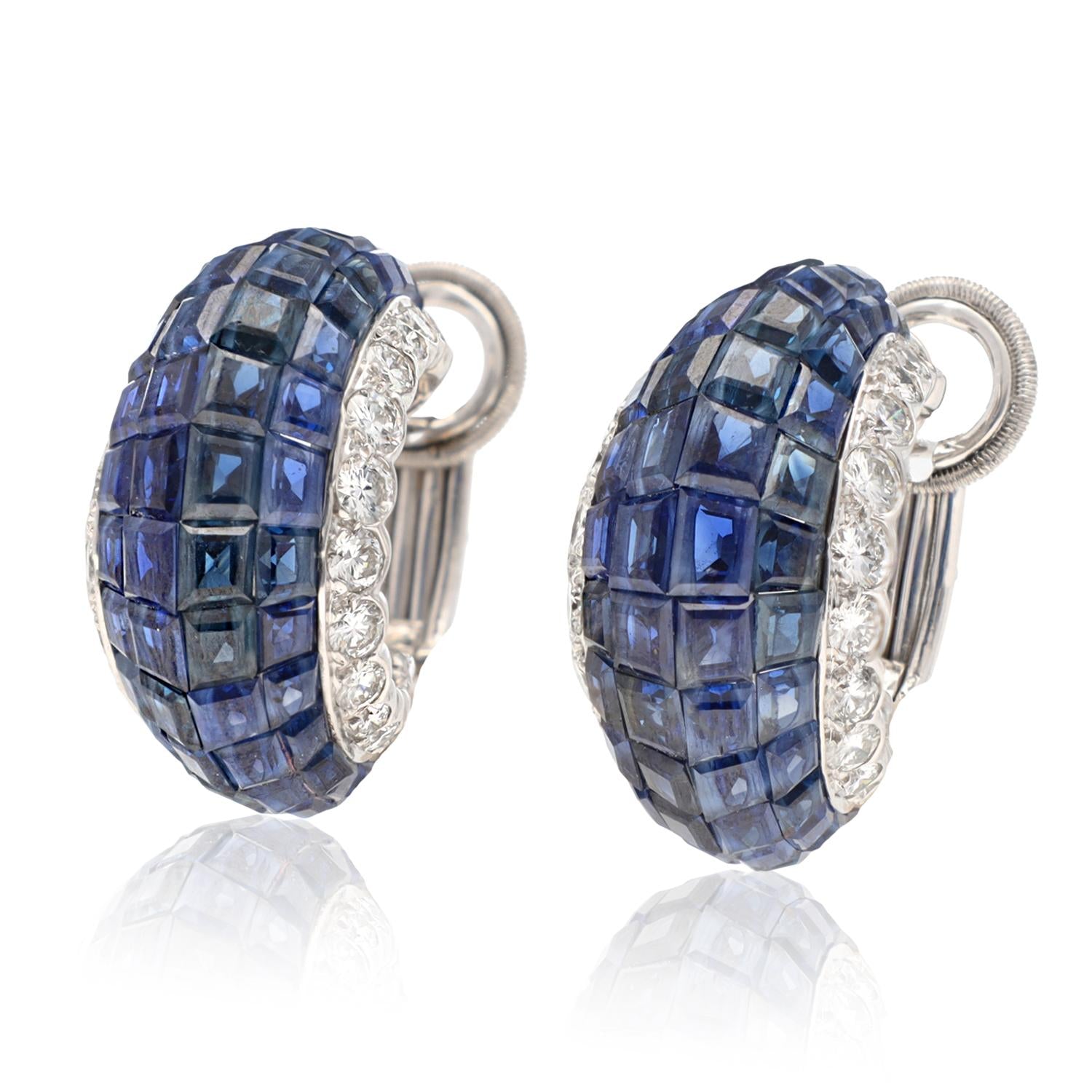 VAN CLEEF & ARPELS Platinum Mystery Set Sapphire and Diamond Hoop Ear Clips