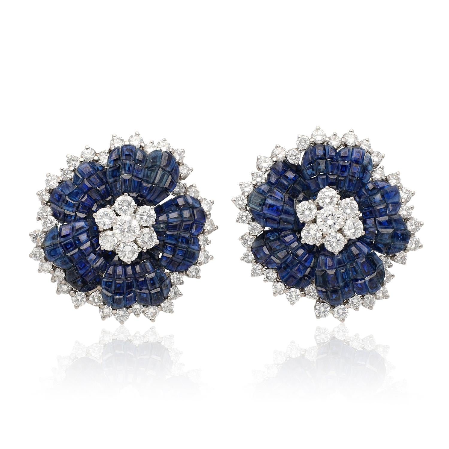 VAN CLEEF & ARPELS Platinum Mystery-Set Sapphire and Diamond Flower Ear Clips