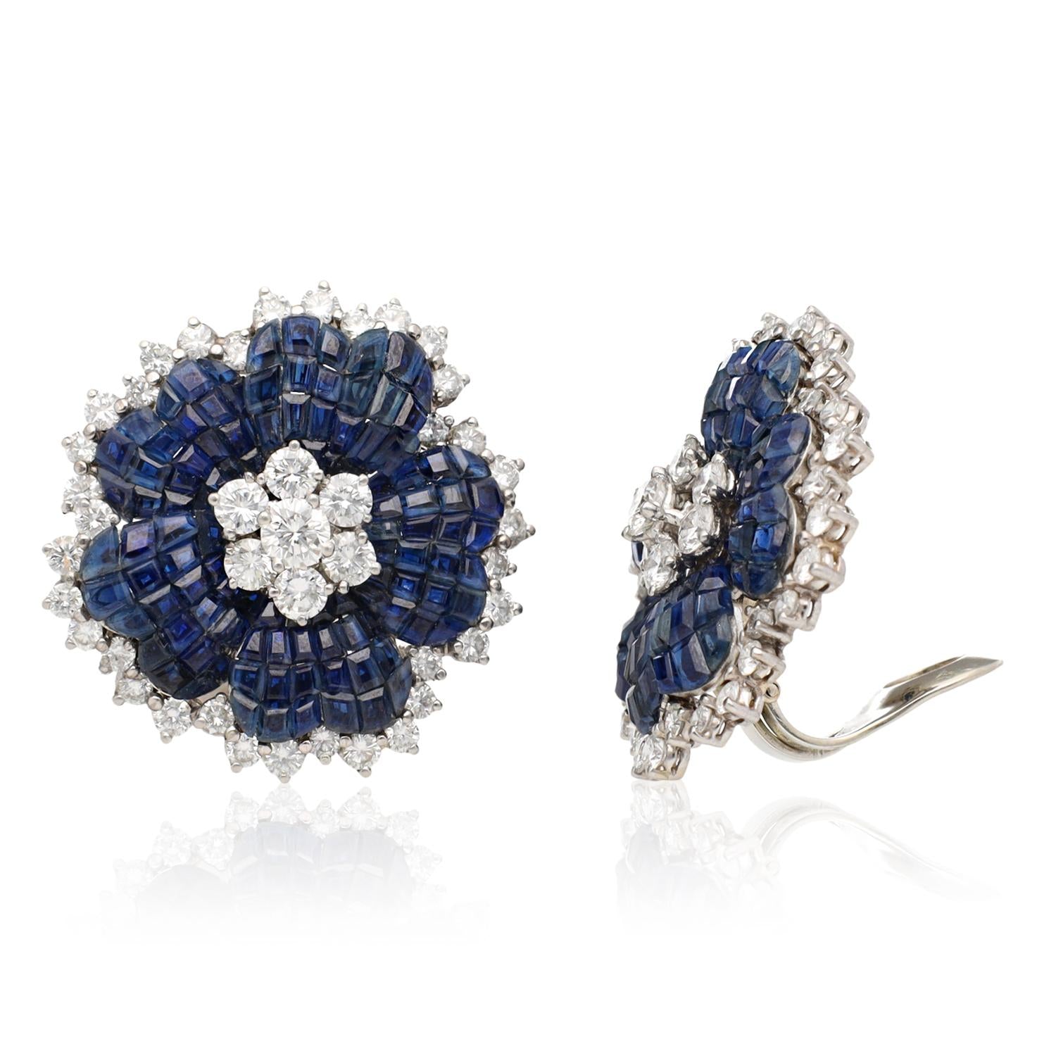 VAN CLEEF & ARPELS Platinum Mystery-Set Sapphire and Diamond Flower Ear Clips