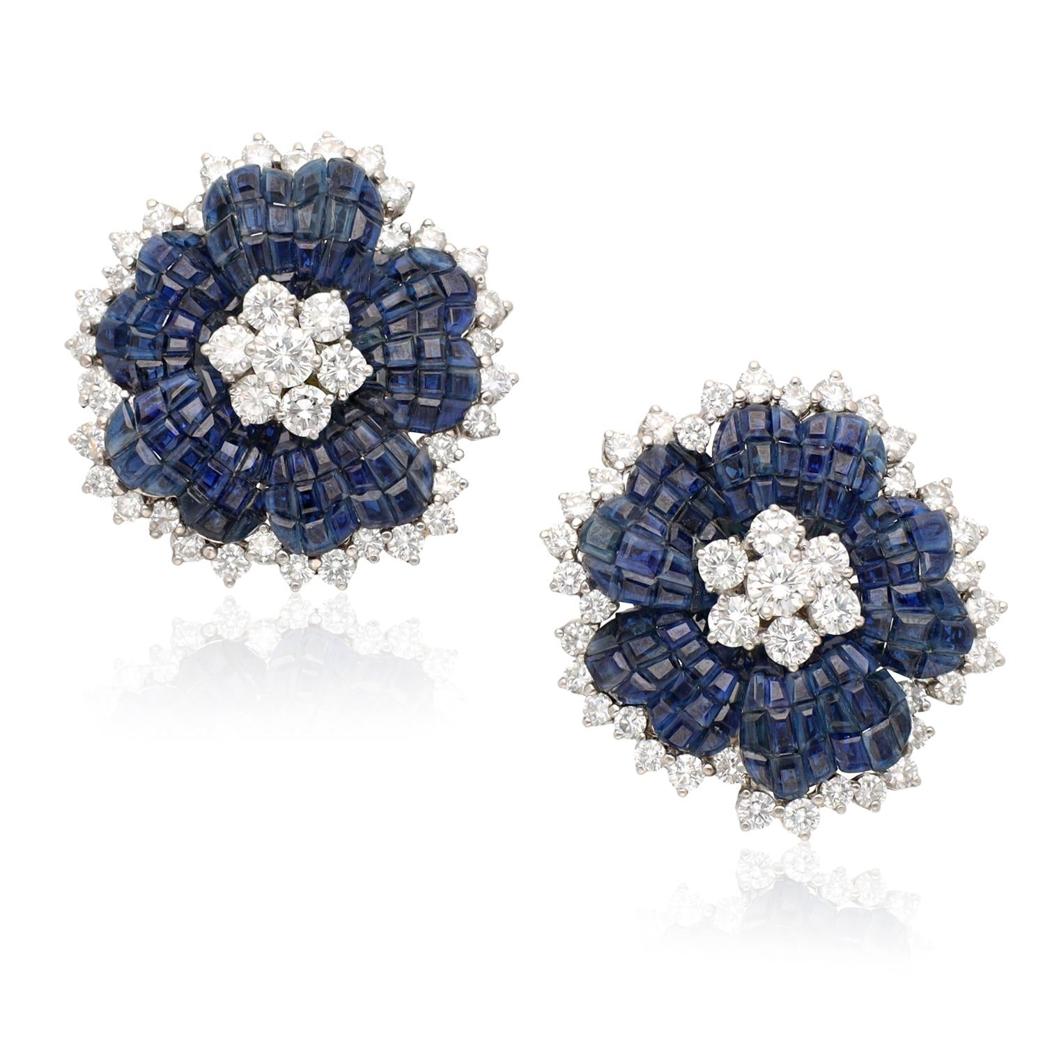 VAN CLEEF & ARPELS Platinum Mystery-Set Sapphire and Diamond Flower Ear Clips
