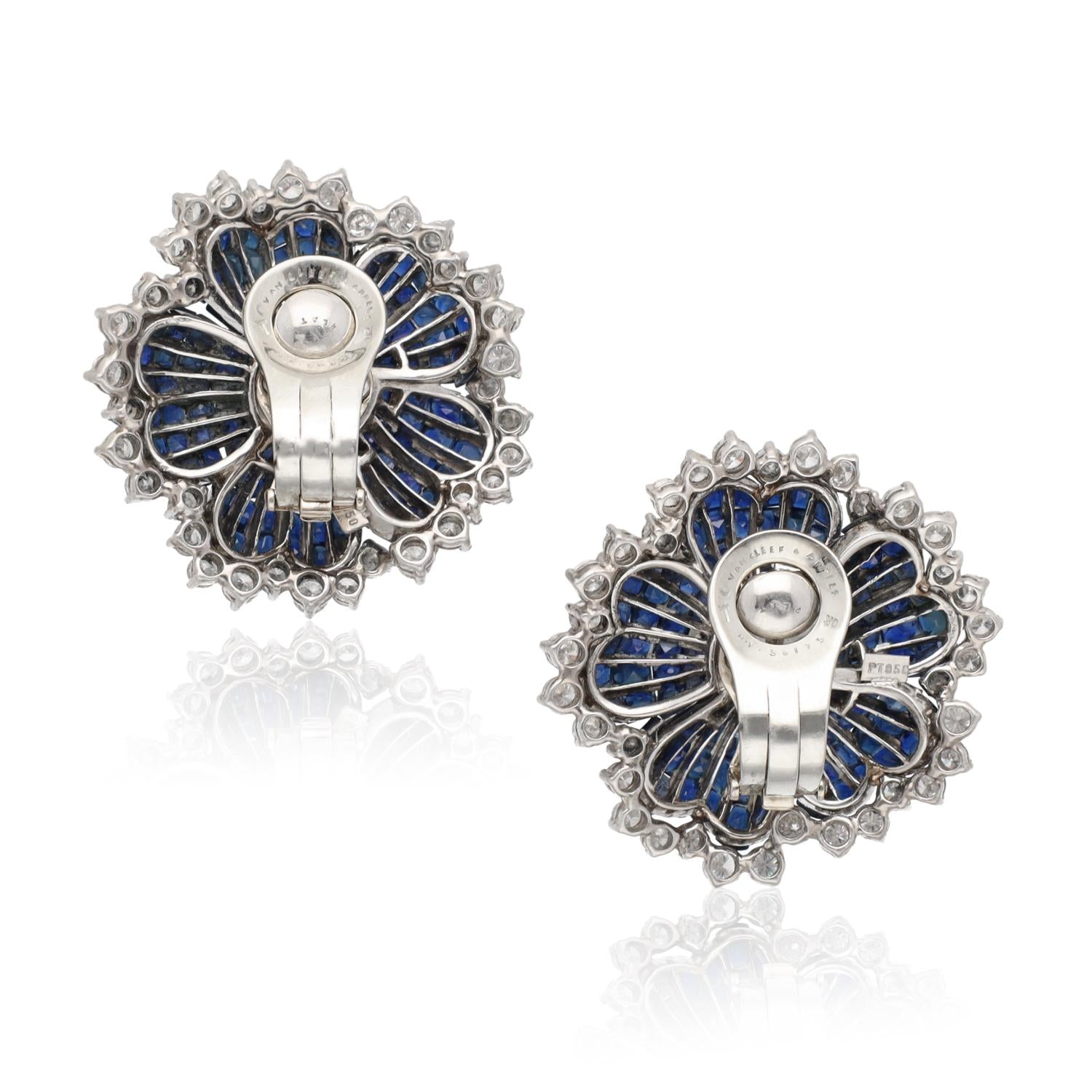 VAN CLEEF & ARPELS Platinum Mystery-Set Sapphire and Diamond Flower Ear Clips