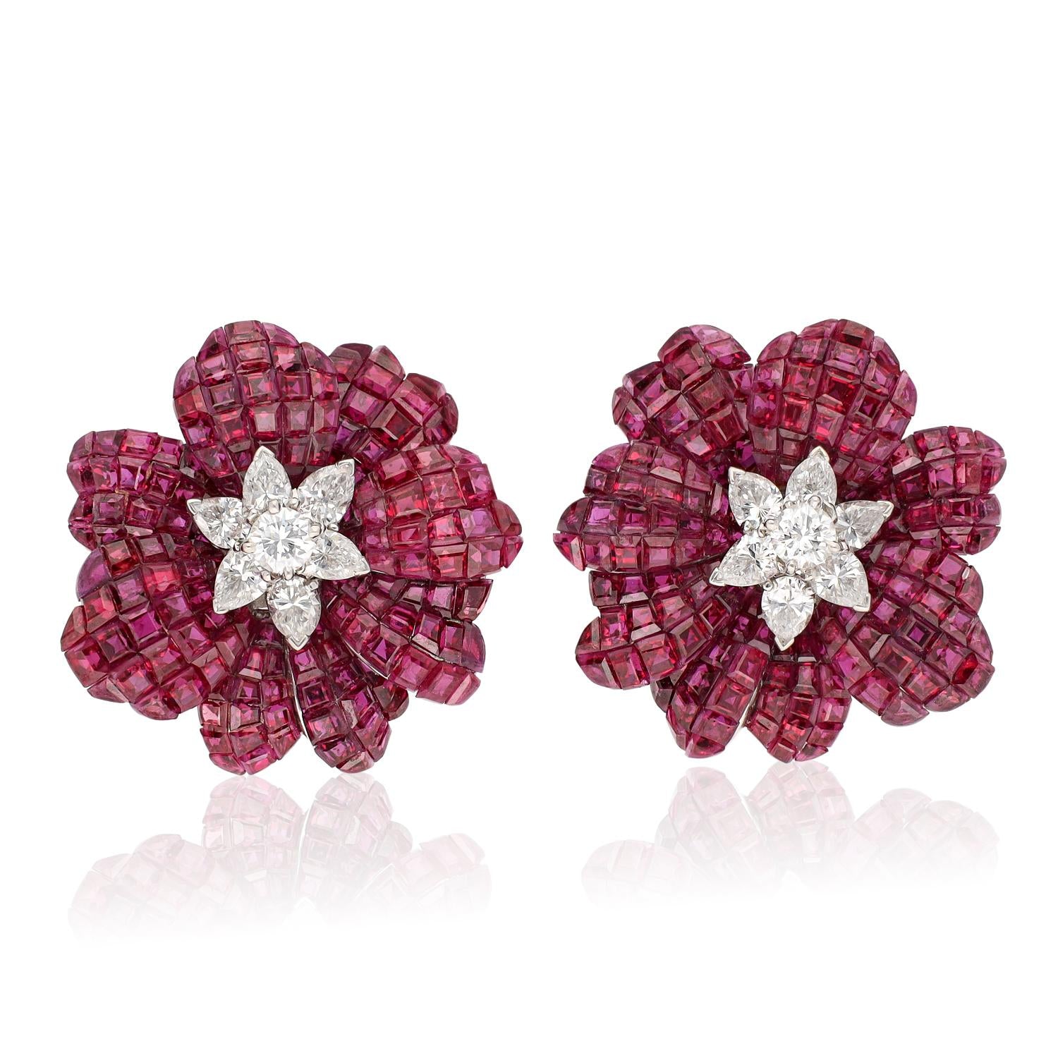 VAN CLEEF & ARPELS Platinum Mystery-Set Ruby and Diamond Flower Ear Clips