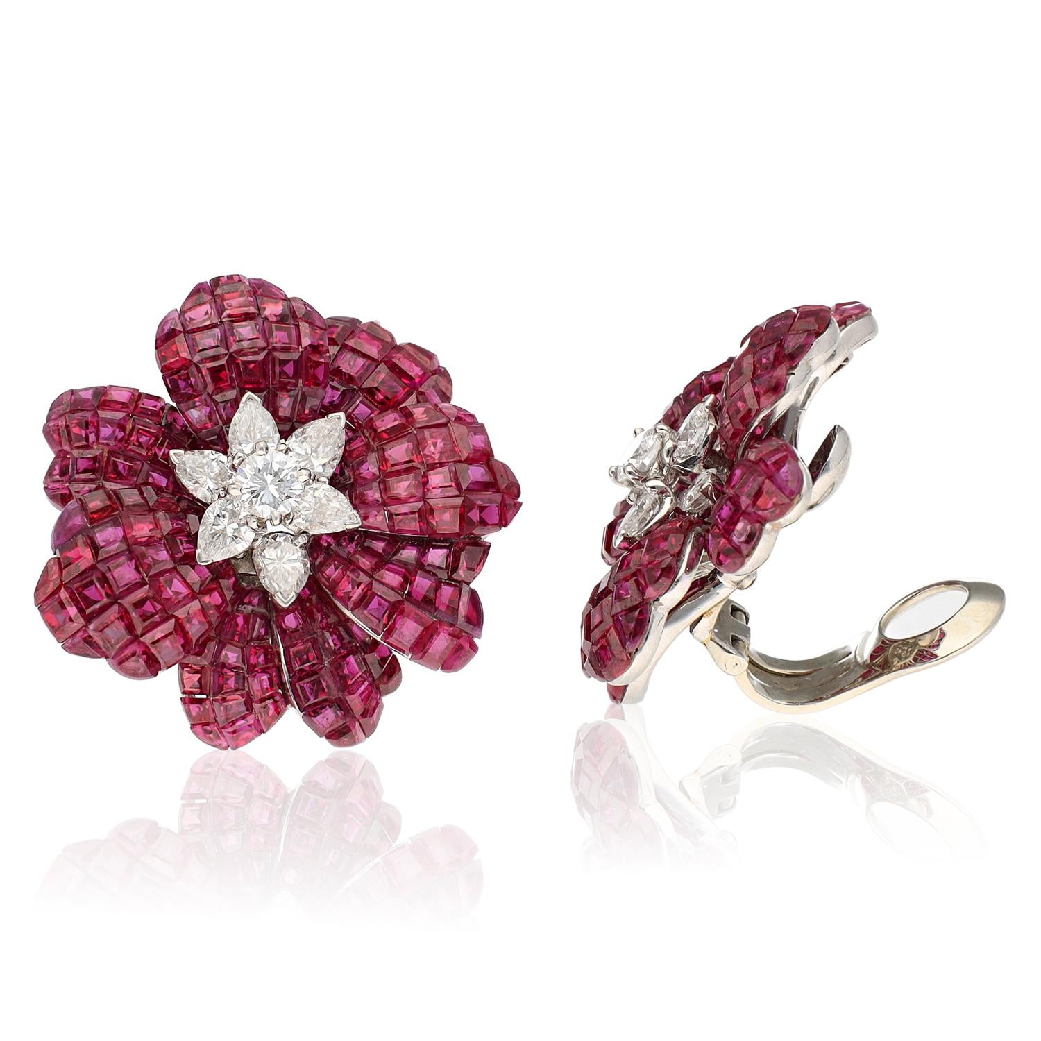 VAN CLEEF & ARPELS Platinum Mystery-Set Ruby and Diamond Flower Ear Clips