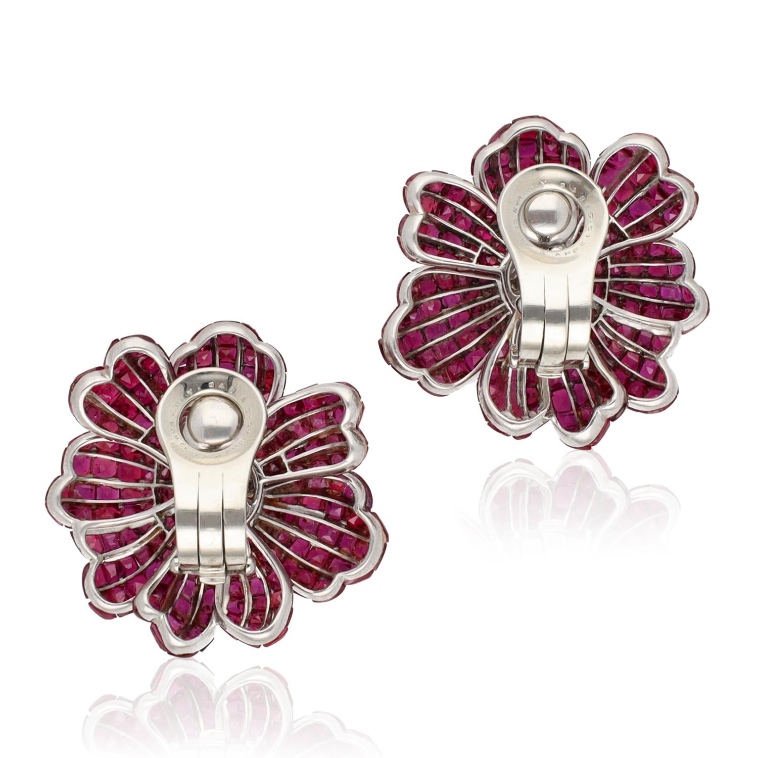 VAN CLEEF & ARPELS Platinum Mystery-Set Ruby and Diamond Flower Ear Clips