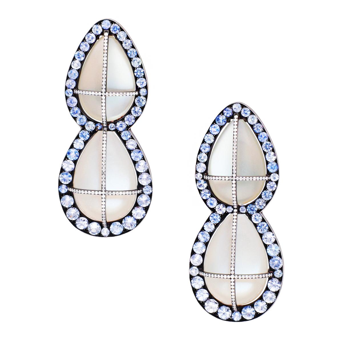 JAR Pear Shaped Moonstone, Sapphire & Diamond Ear Clips