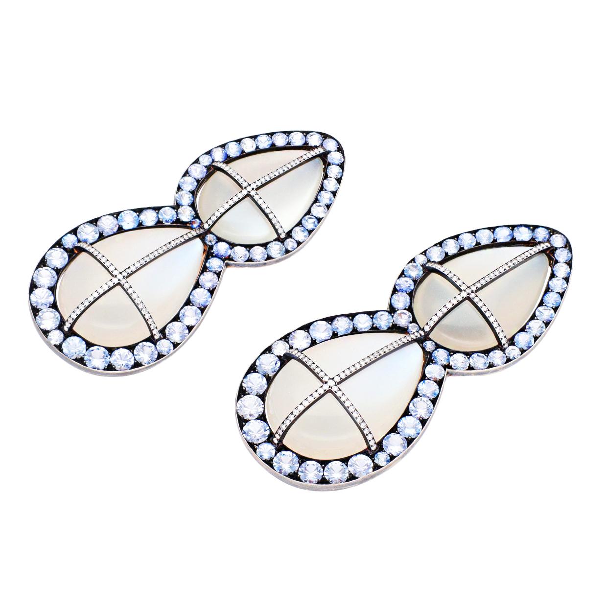 JAR Pear Shaped Moonstone, Sapphire & Diamond Ear Clips