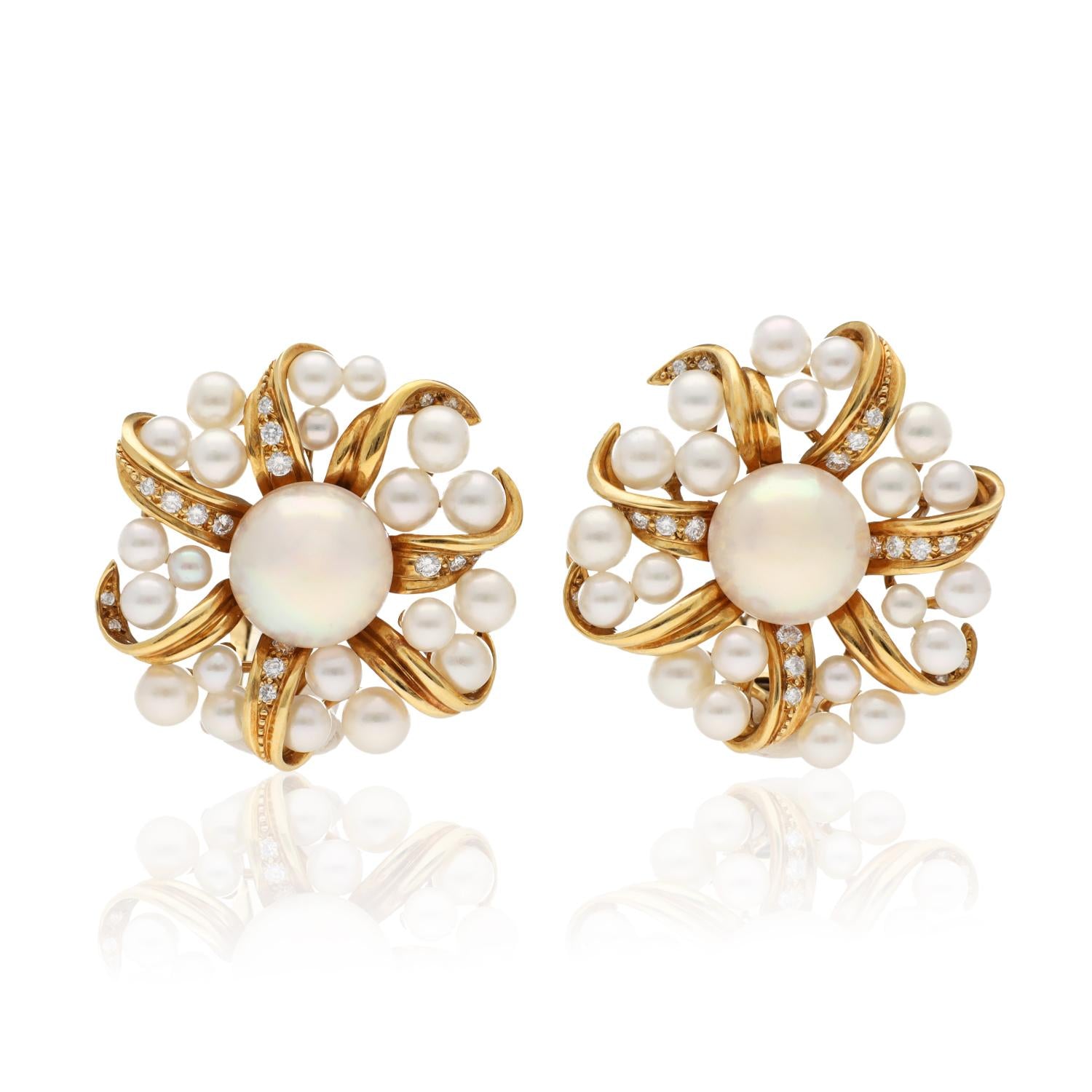 TIFFANY & CO. 18K Yellow Gold Diamond and Pearl Ear Clips