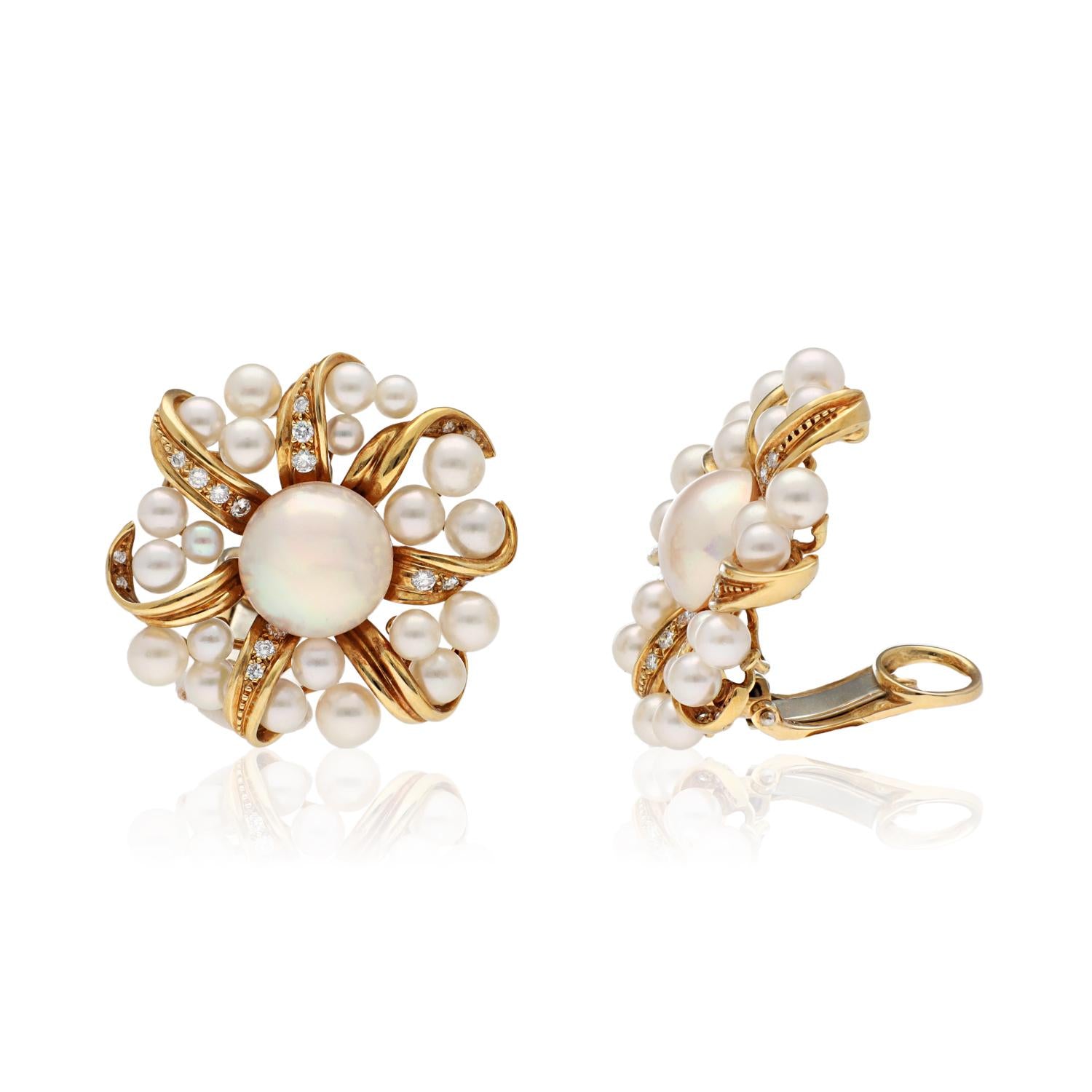 TIFFANY & CO. 18K Yellow Gold Diamond and Pearl Ear Clips