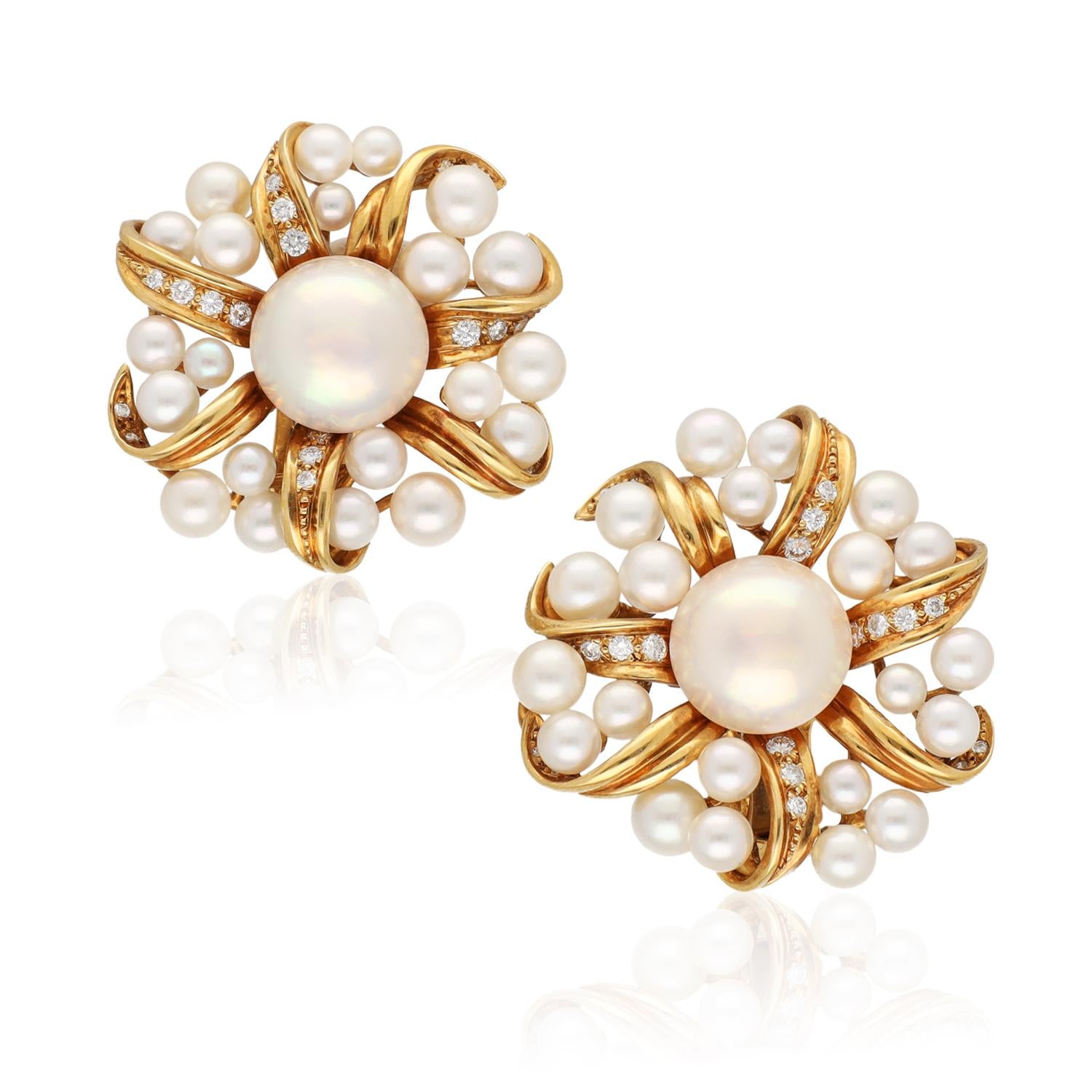 TIFFANY & CO. 18K Yellow Gold Diamond and Pearl Ear Clips
