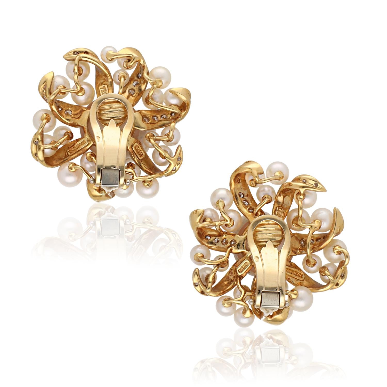 TIFFANY & CO. 18K Yellow Gold Diamond and Pearl Ear Clips