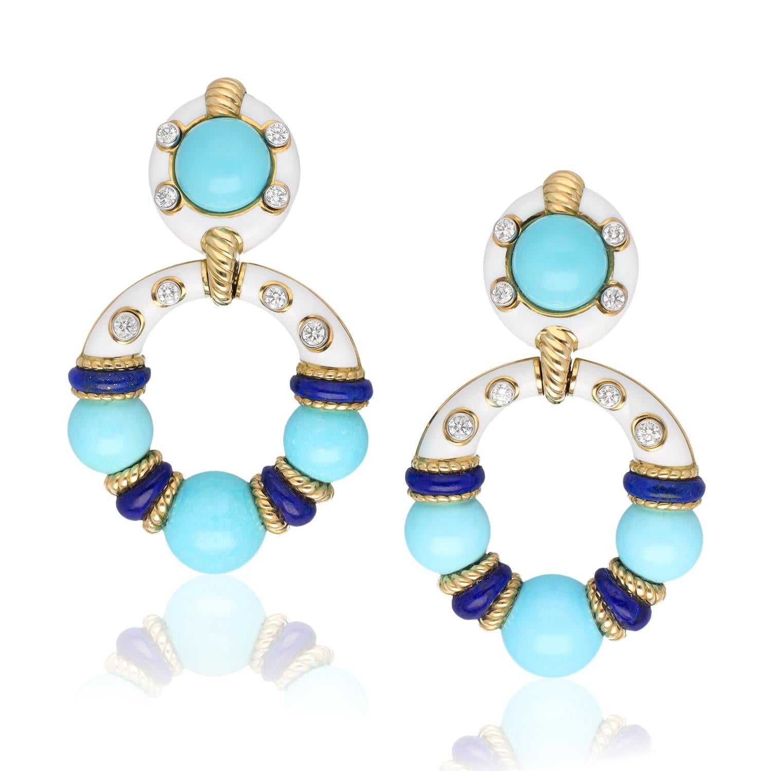 DAVID WEBB Stud Hoop Earrings, Turquoise Beads with White Enamel