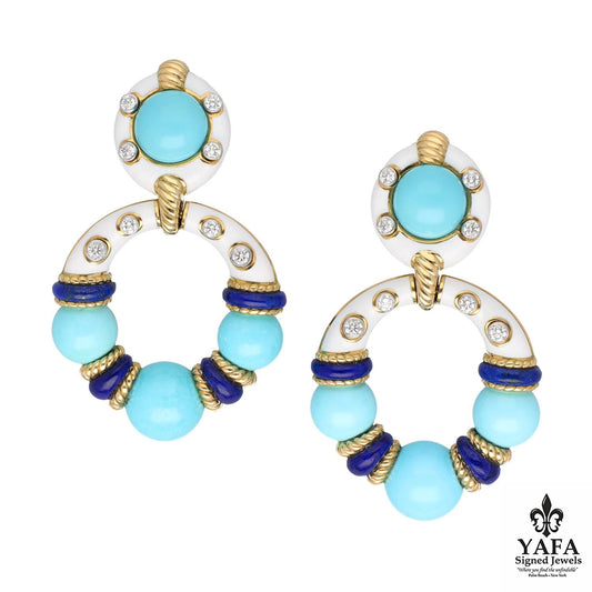 DAVID WEBB Stud Hoop Earrings, Turquoise Beads with White Enamel