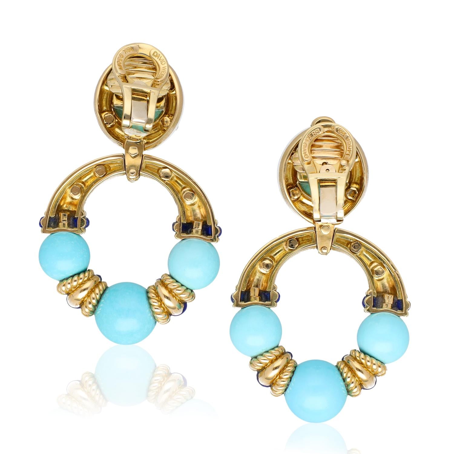 DAVID WEBB Stud Hoop Earrings, Turquoise Beads with White Enamel
