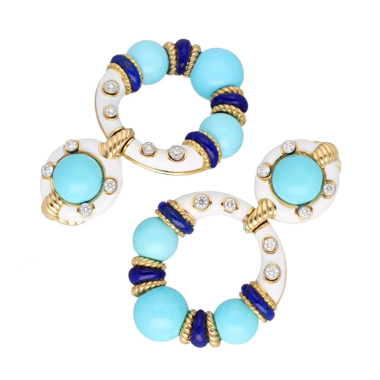 DAVID WEBB Stud Hoop Earrings, Turquoise Beads with White Enamel