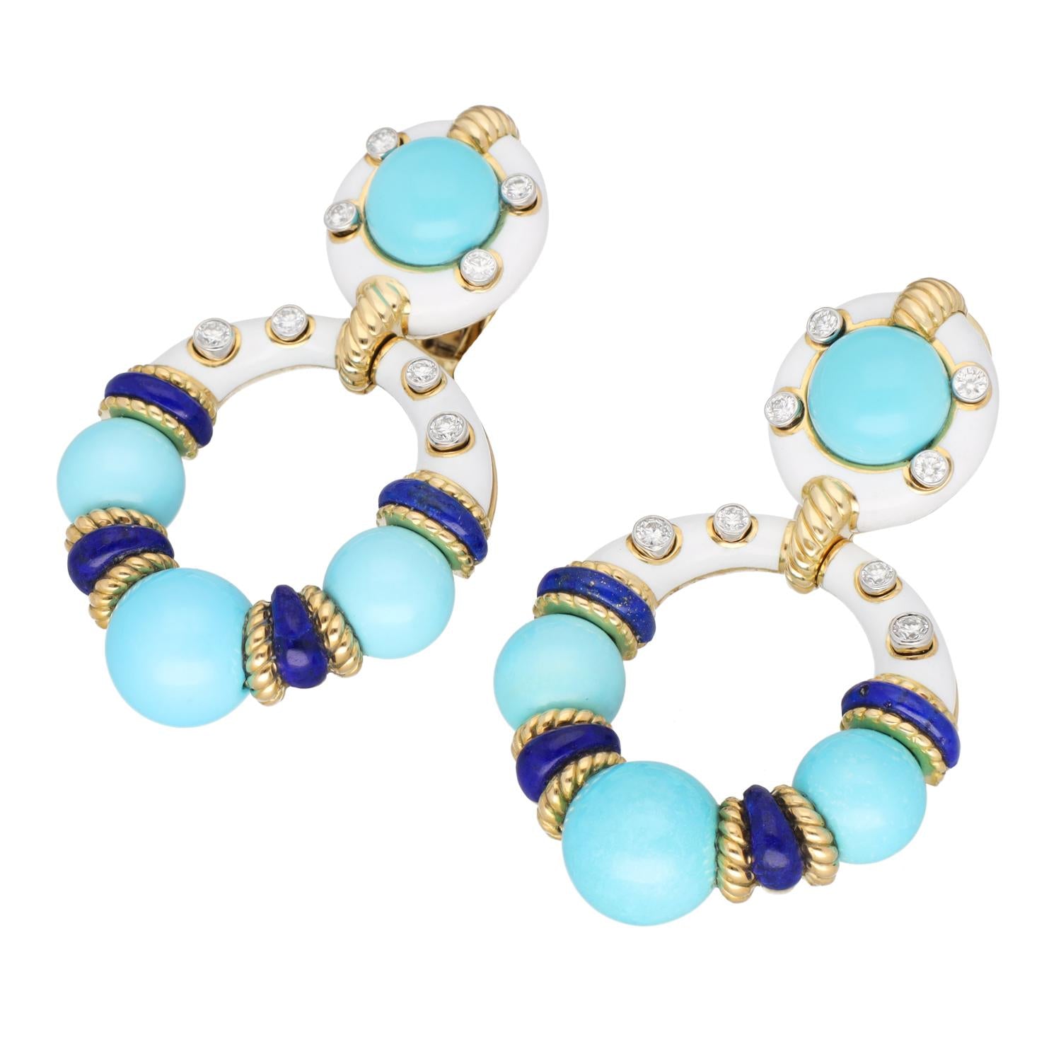 DAVID WEBB Stud Hoop Earrings, Turquoise Beads with White Enamel