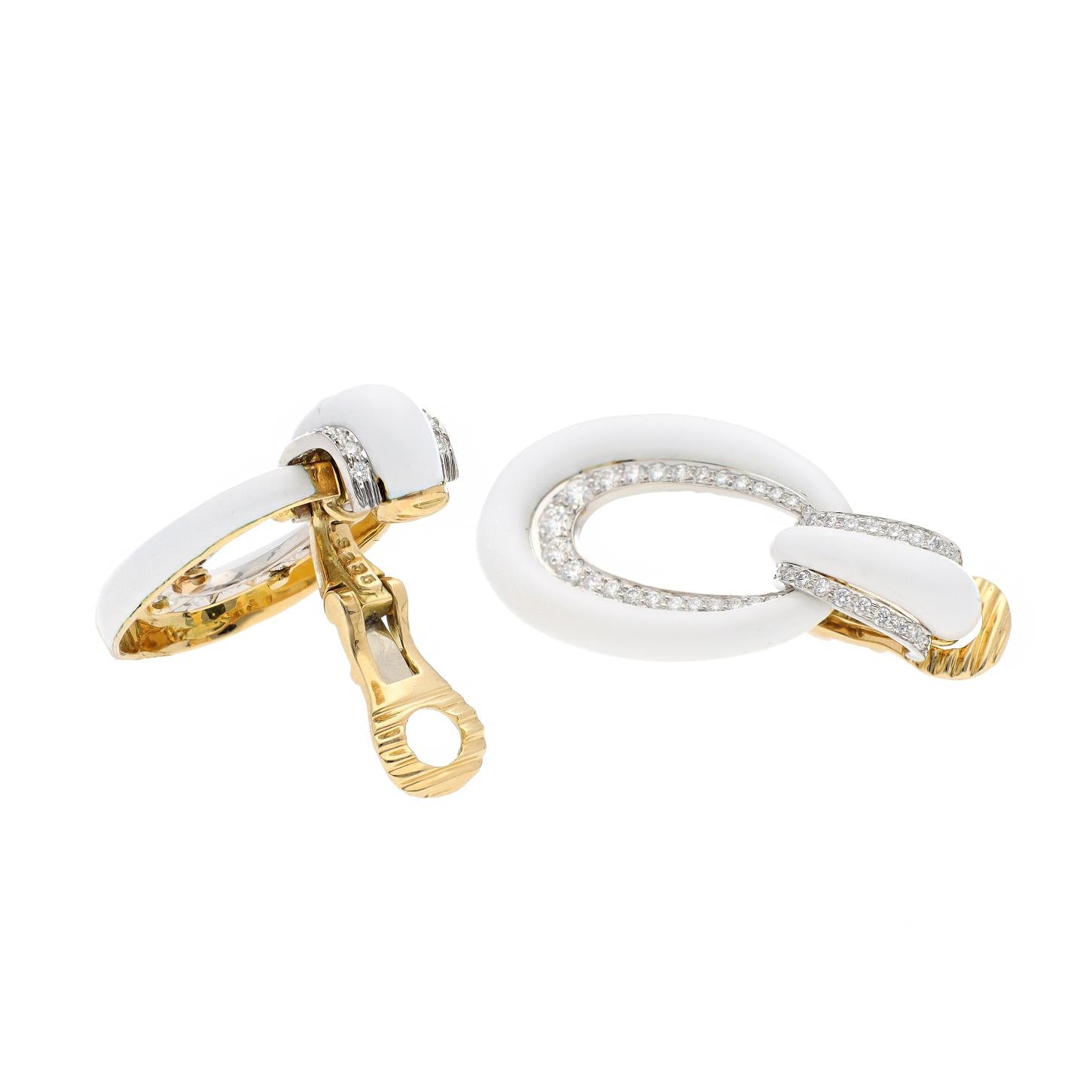 DAVID WEBB Long Hoop Earrings, White Enamel