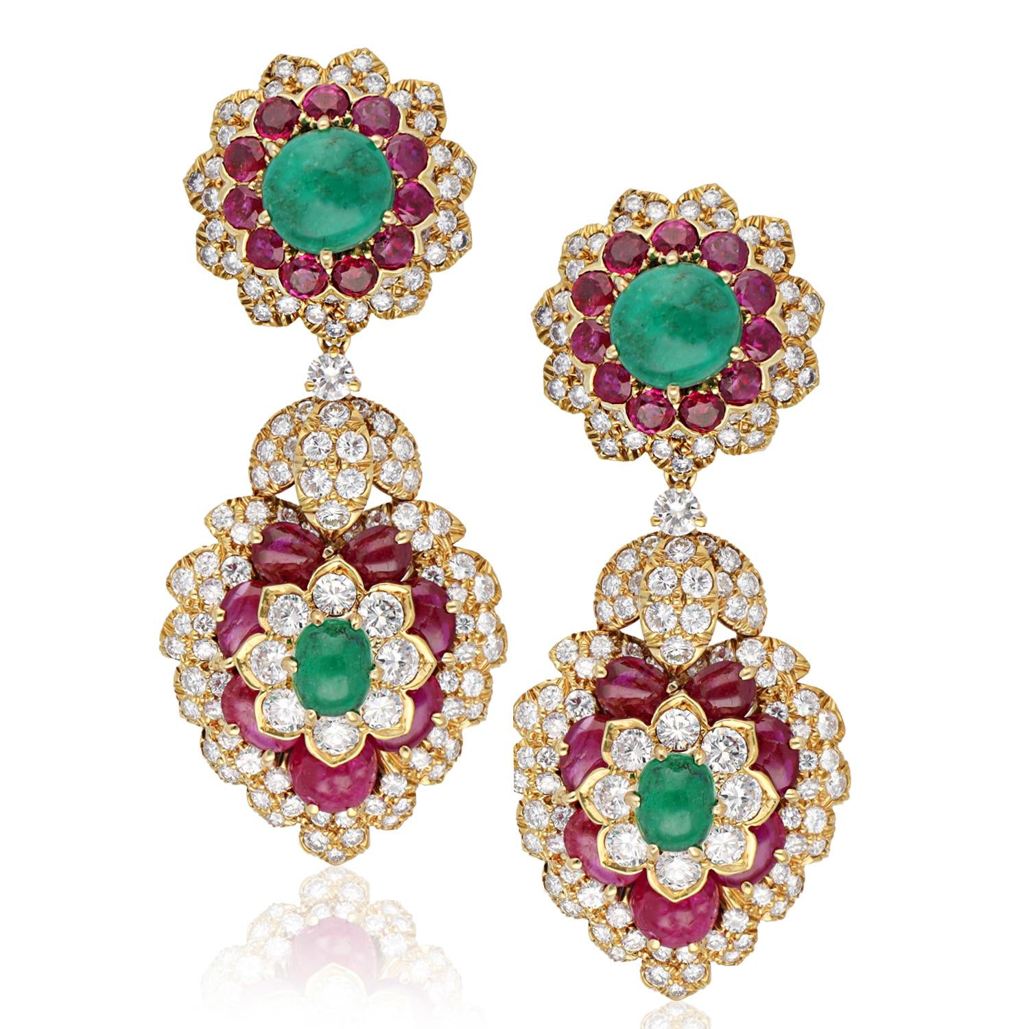 DAVID WEBB Cabochon Emerald and Ruby Ear Clips