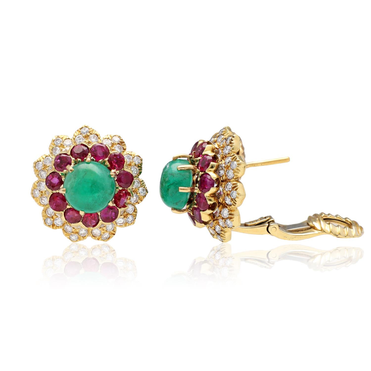 DAVID WEBB Cabochon Emerald and Ruby Ear Clips