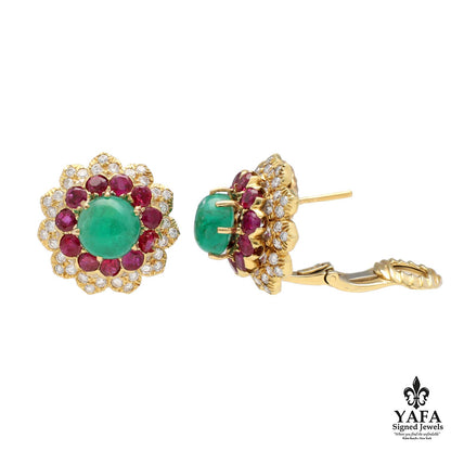 DAVID WEBB Cabochon Emerald and Ruby Ear Clips