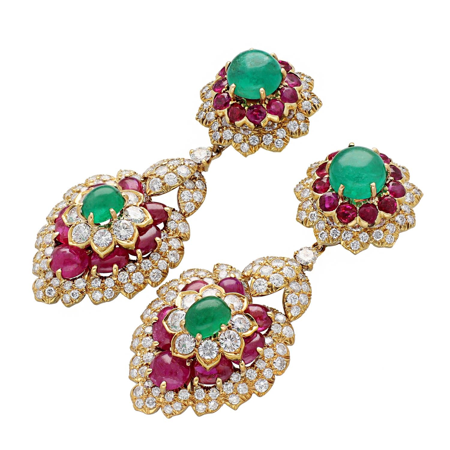 DAVID WEBB Cabochon Emerald and Ruby Ear Clips