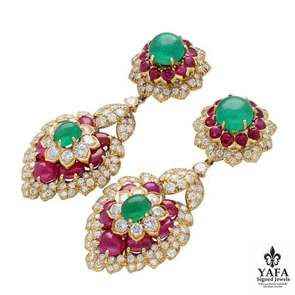 DAVID WEBB Cabochon Emerald and Ruby Ear Clips