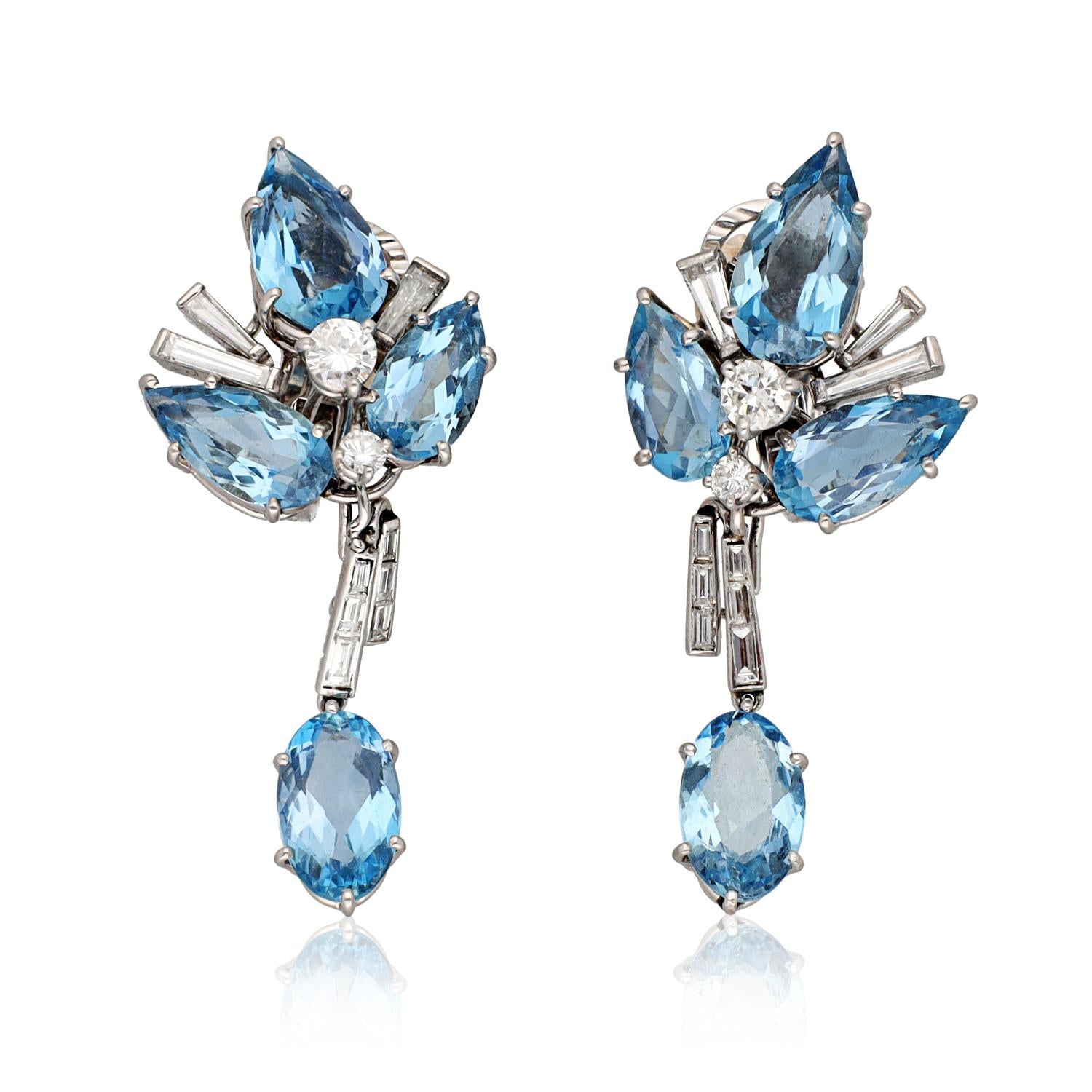 CARTIER LONDON Platinum Diamond and Aquamarine “Leaf” Ear Clips