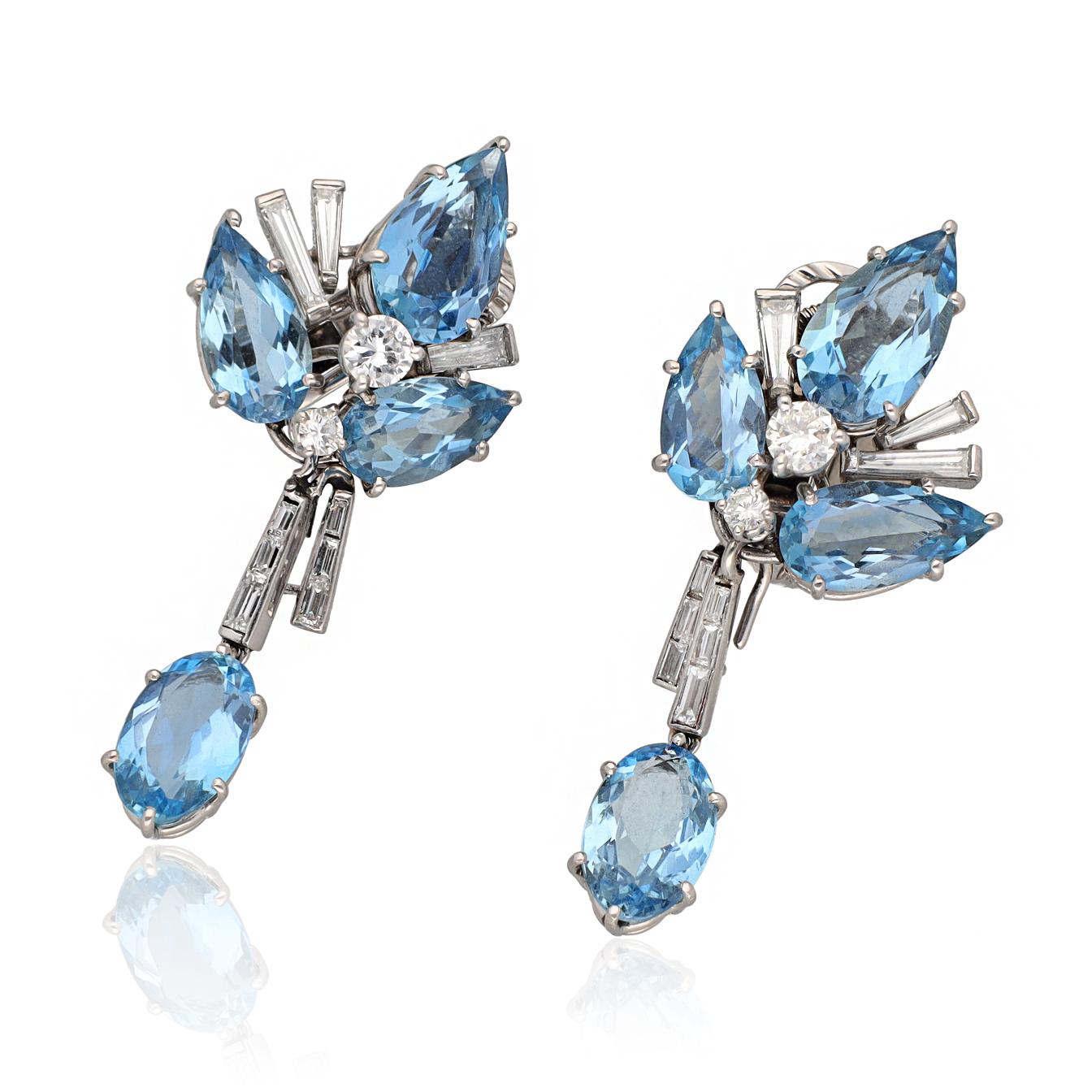 CARTIER LONDON Platinum Diamond and Aquamarine “Leaf” Ear Clips