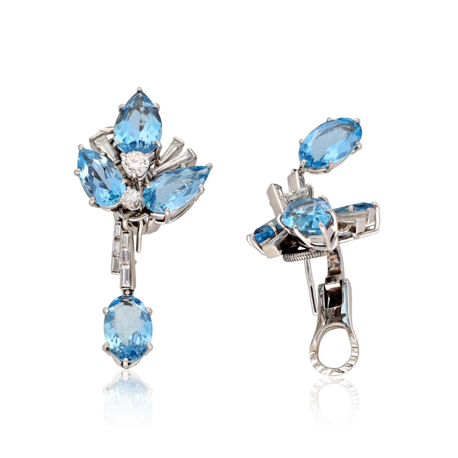 CARTIER LONDON Platinum Diamond and Aquamarine “Leaf” Ear Clips