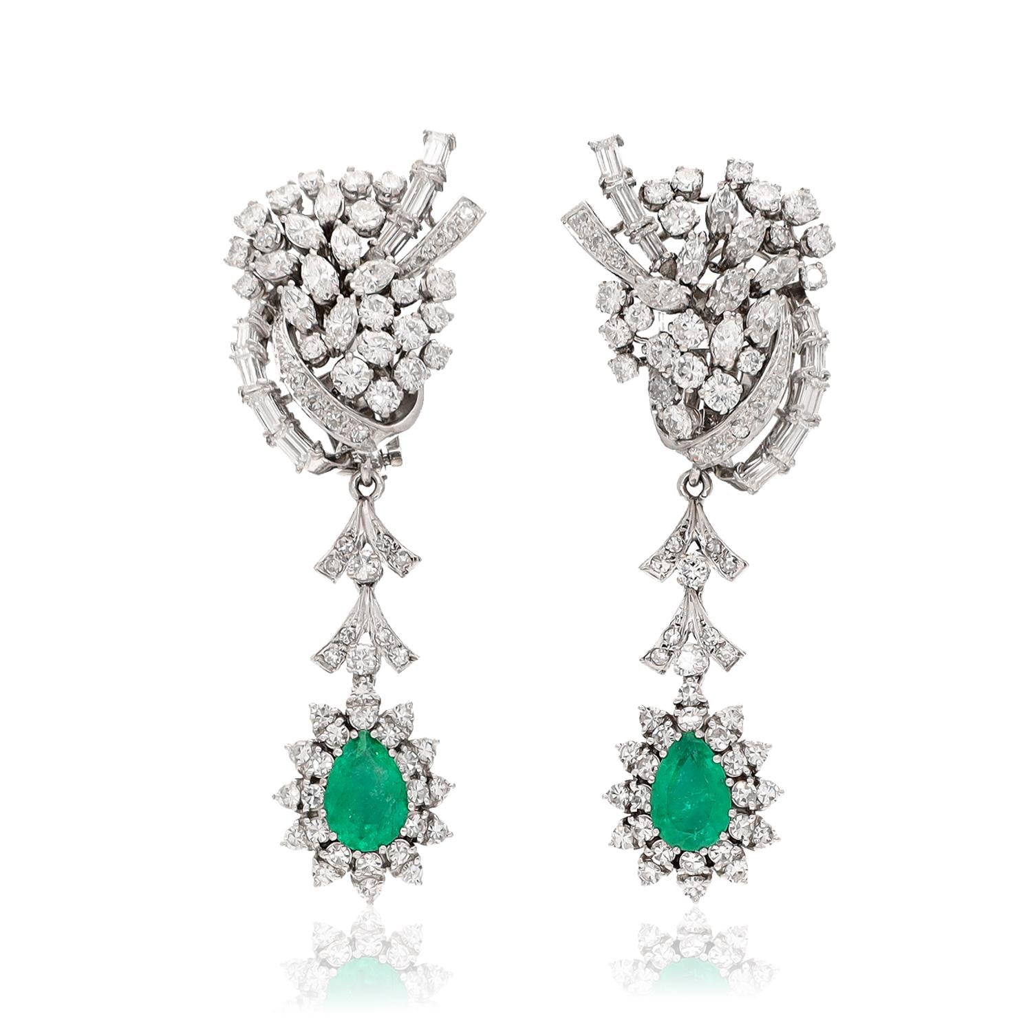 Midcentury Emerald and Diamond Earrings