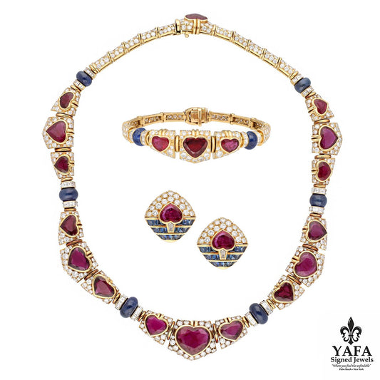 Bulgari Heart Shaped Ruby Diamond Sapphire Yellow Gold Necklace Set