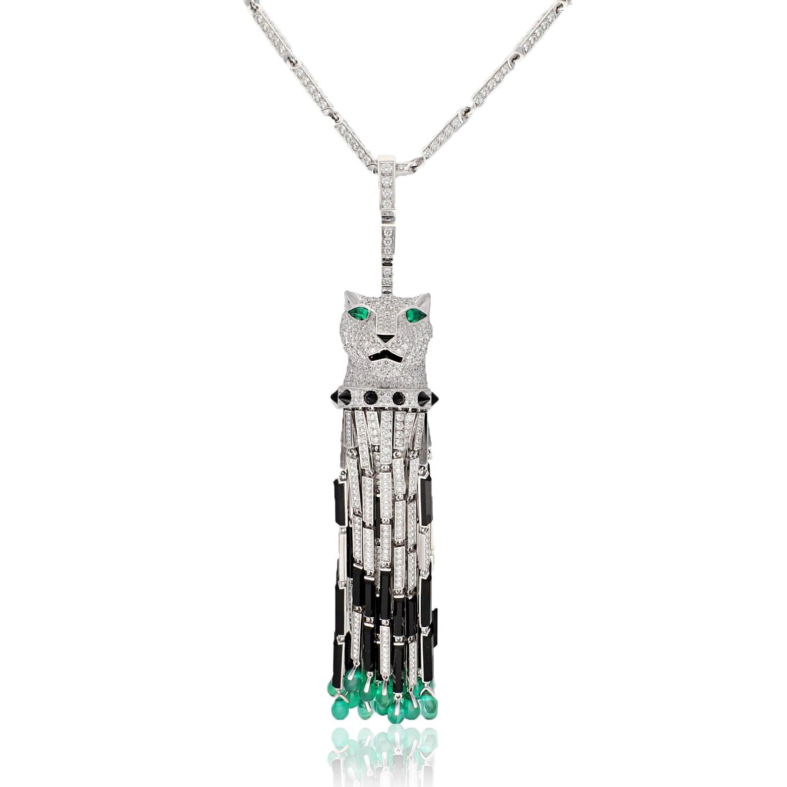 CARTIER Diamond, Onyx, and Emerald Panther Tassel Necklace