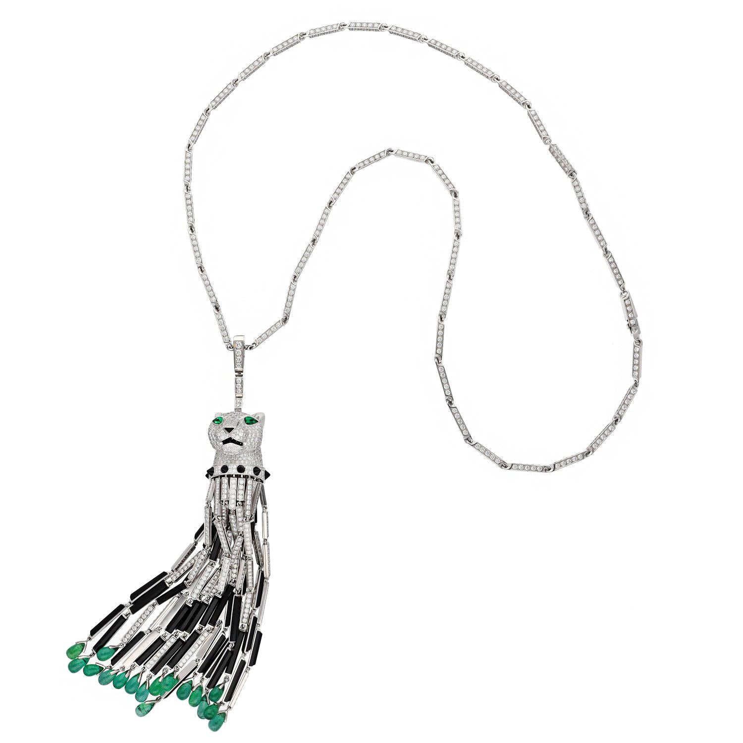 CARTIER Diamond, Onyx, and Emerald Panther Tassel Necklace