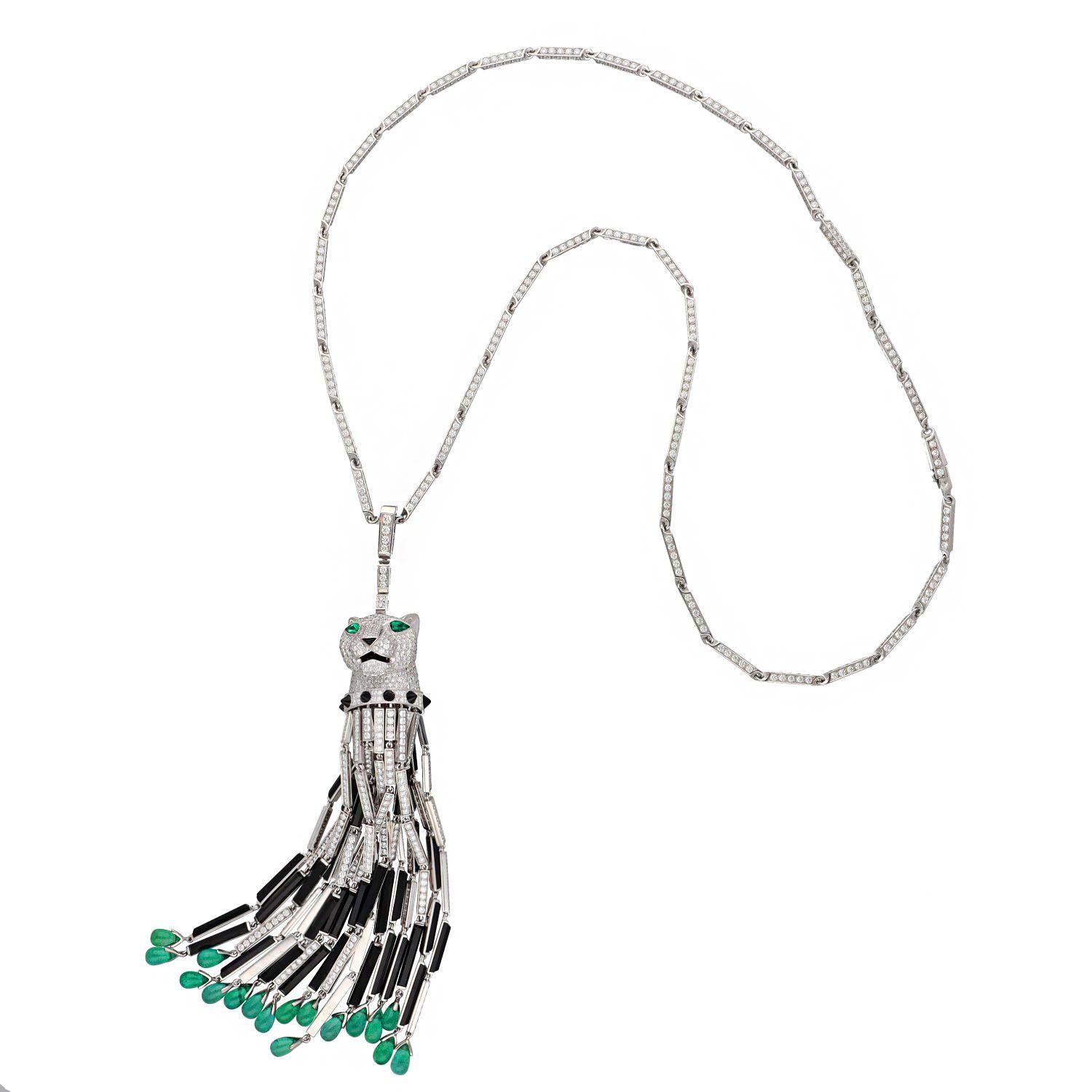 CARTIER Diamond, Onyx, and Emerald Panther Tassel Necklace