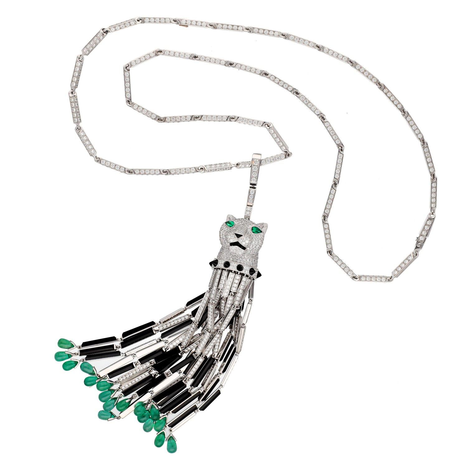 CARTIER Diamond, Onyx, and Emerald Panther Tassel Necklace