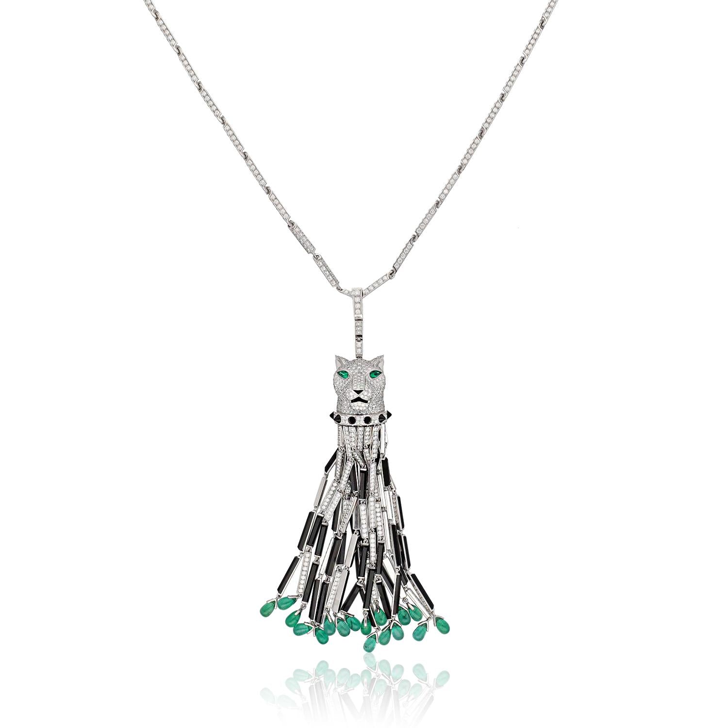 CARTIER Diamond, Onyx, and Emerald Panther Tassel Necklace