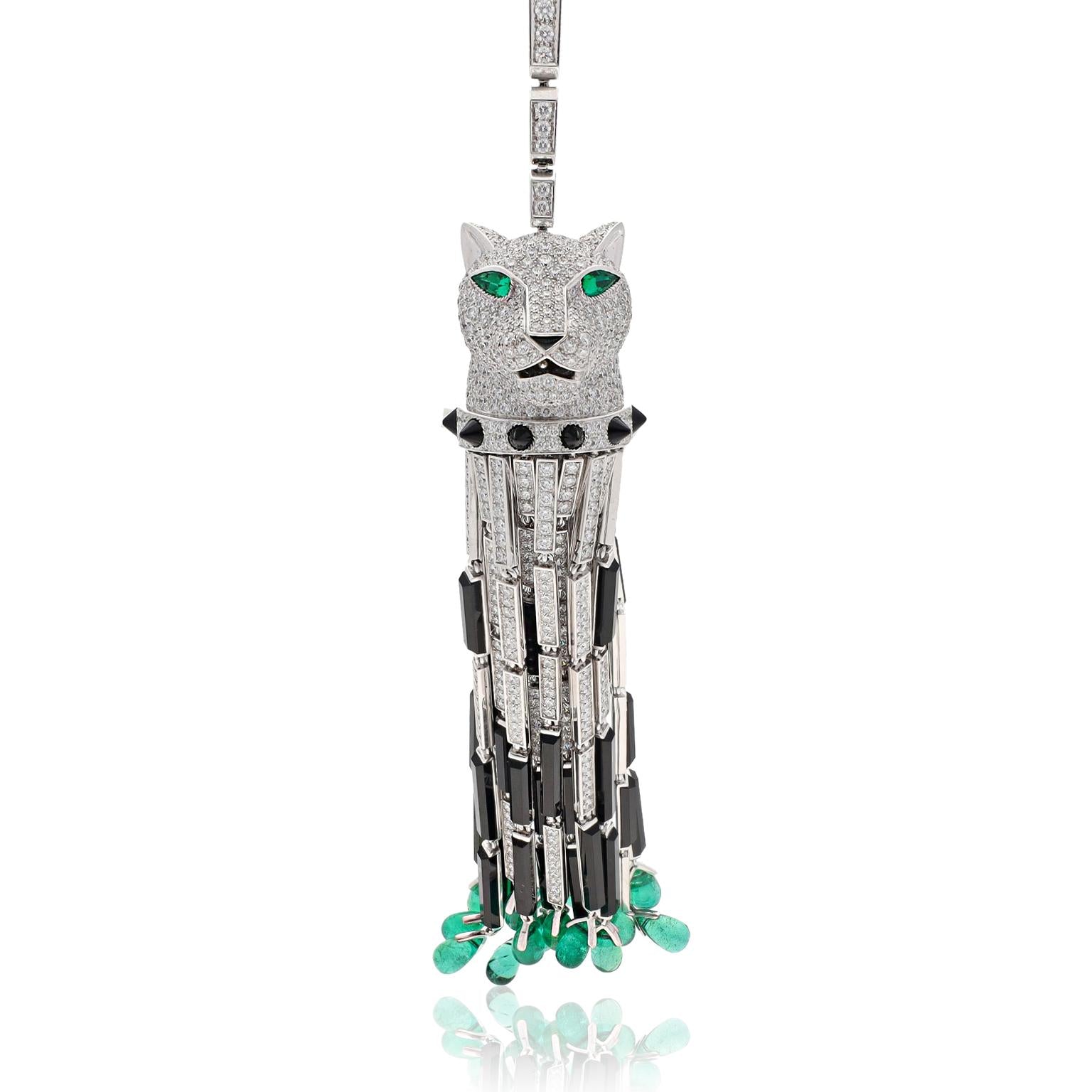 CARTIER Diamond, Onyx, and Emerald Panther Tassel Necklace