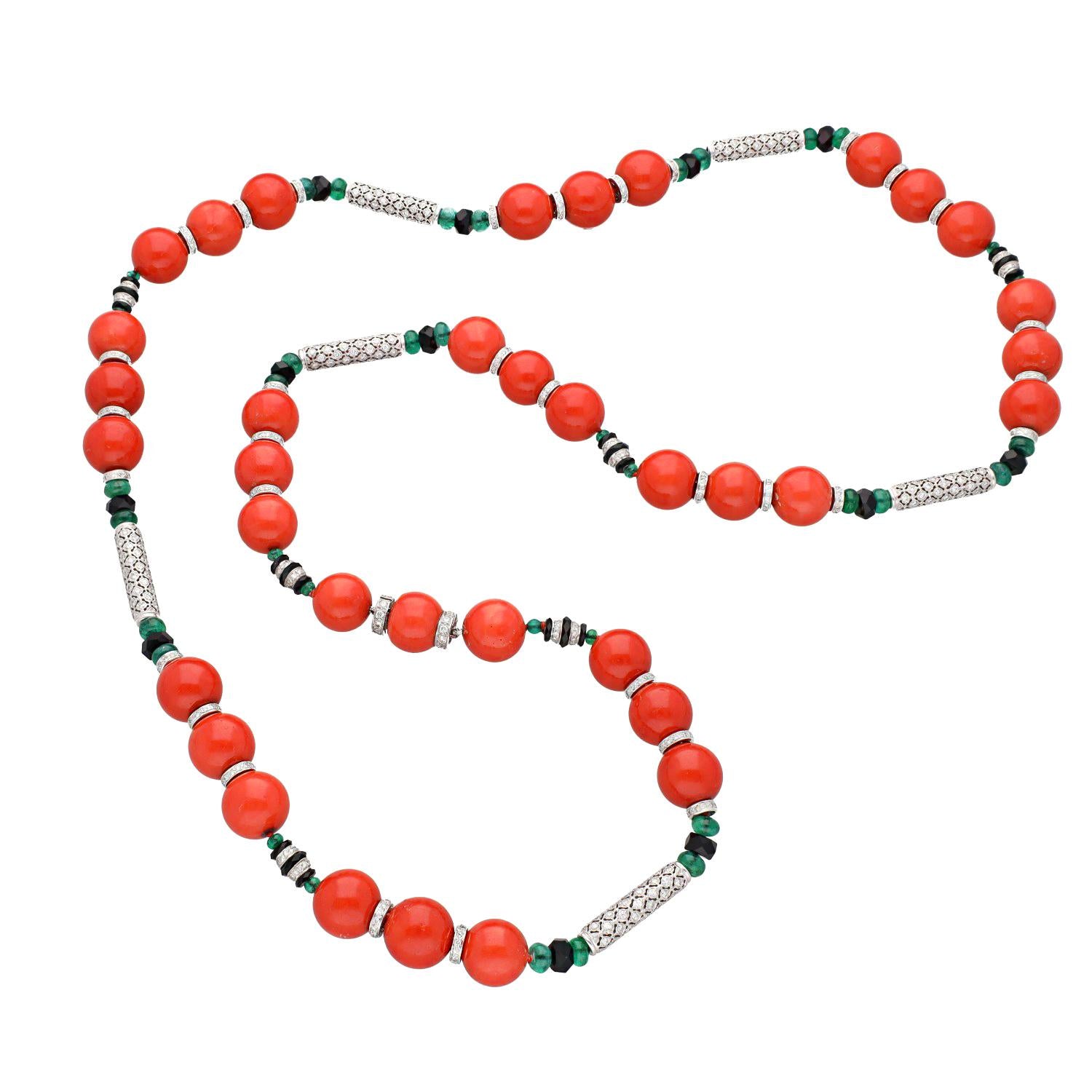 18K White Gold 2 Strand Coral, Emerald, Onyx and Diamond Long Necklace