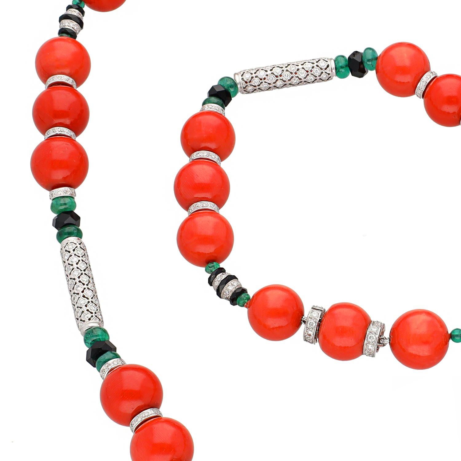18K White Gold 2 Strand Coral, Emerald, Onyx and Diamond Long Necklace
