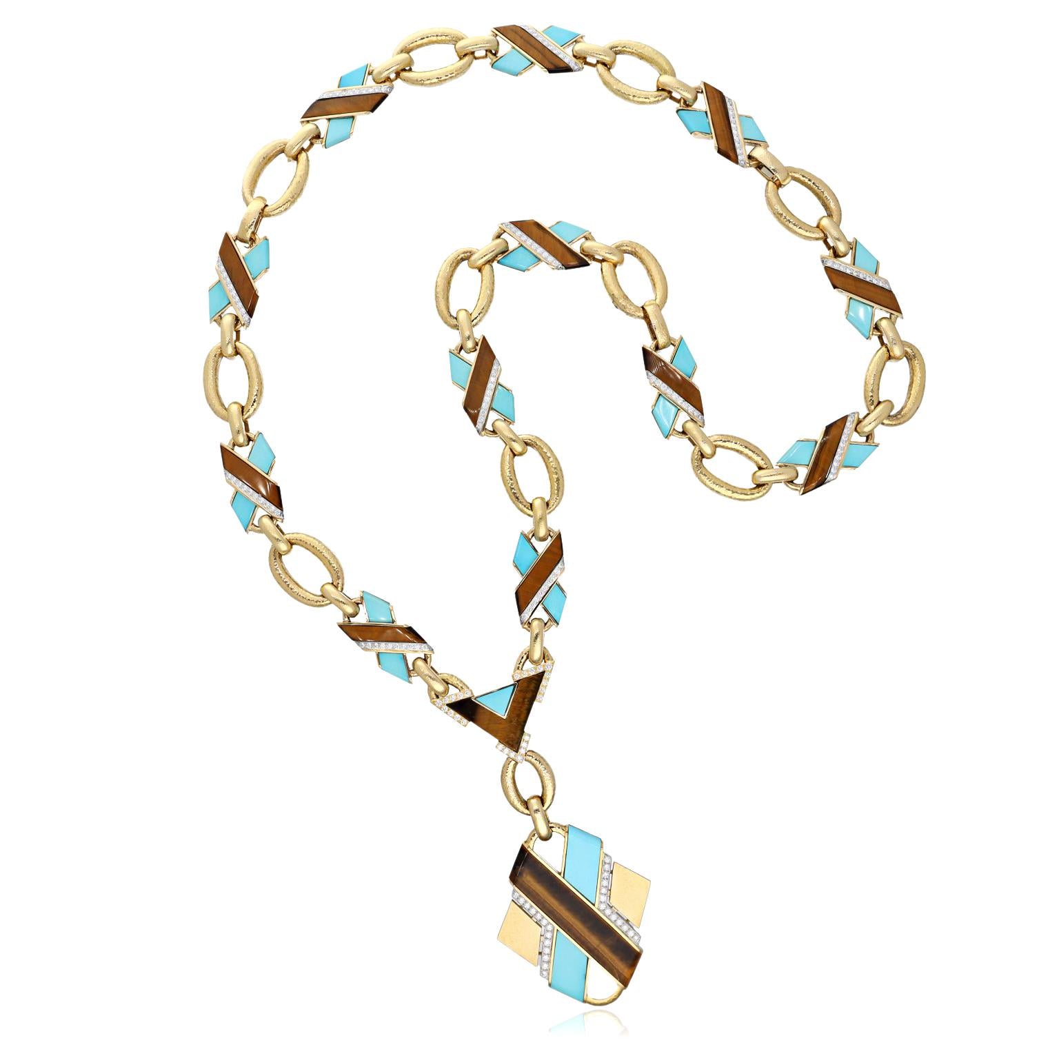 DAVID WEBB Tiger’s Eye, Turquoise and Diamond “X” Necklace/Bracelet