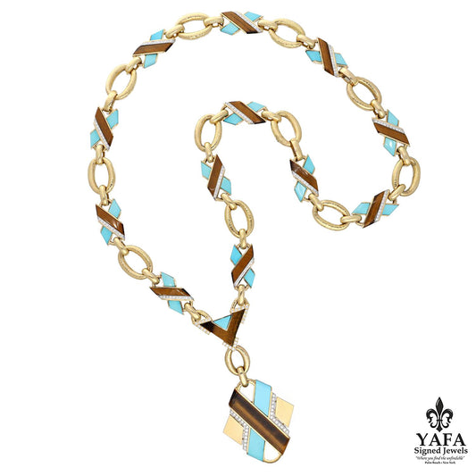 DAVID WEBB 'X' Necklace, Turquoise, Tiger's Eye