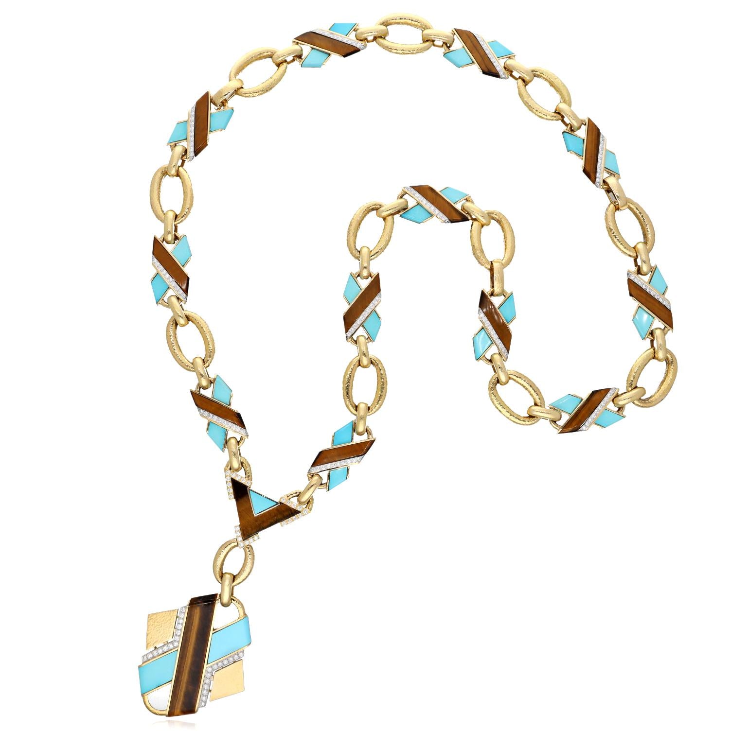 DAVID WEBB Tiger’s Eye, Turquoise and Diamond “X” Necklace/Bracelet