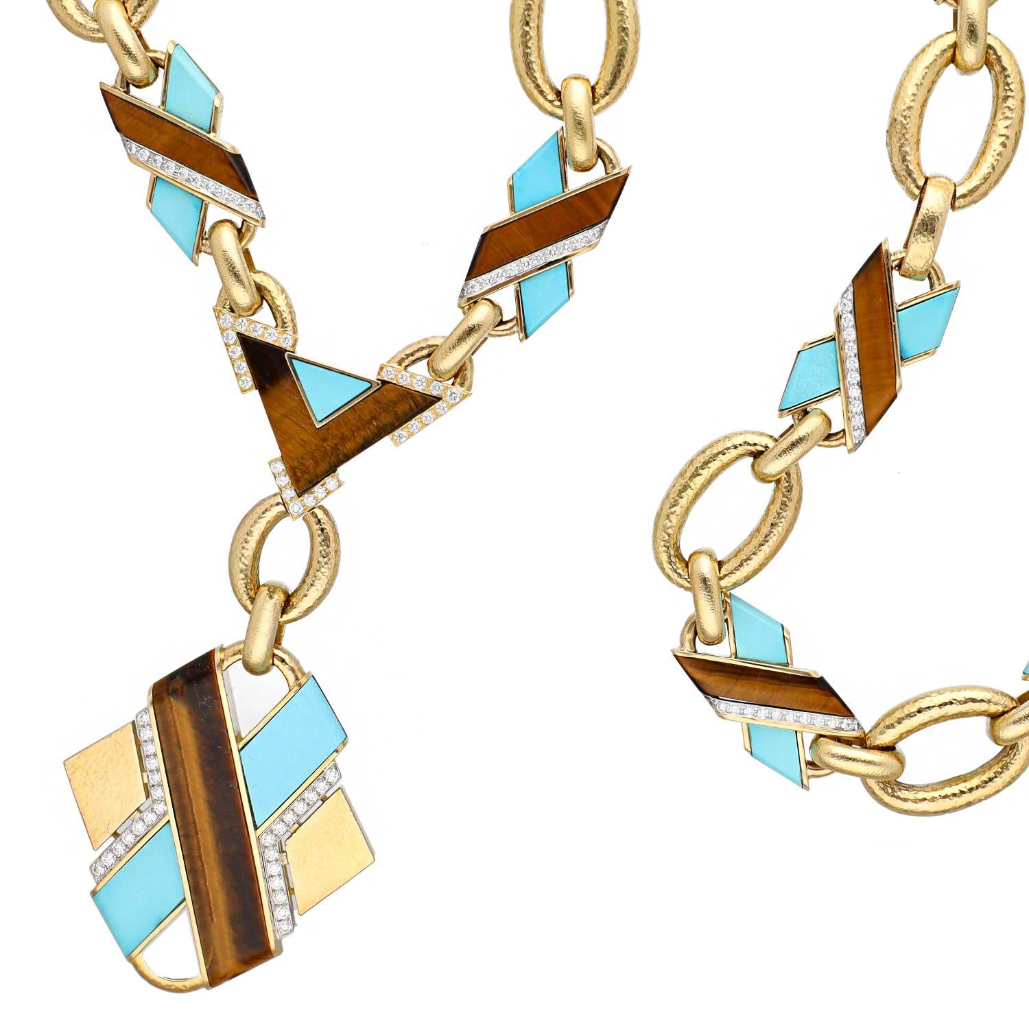 DAVID WEBB Tiger’s Eye, Turquoise and Diamond “X” Necklace/Bracelet