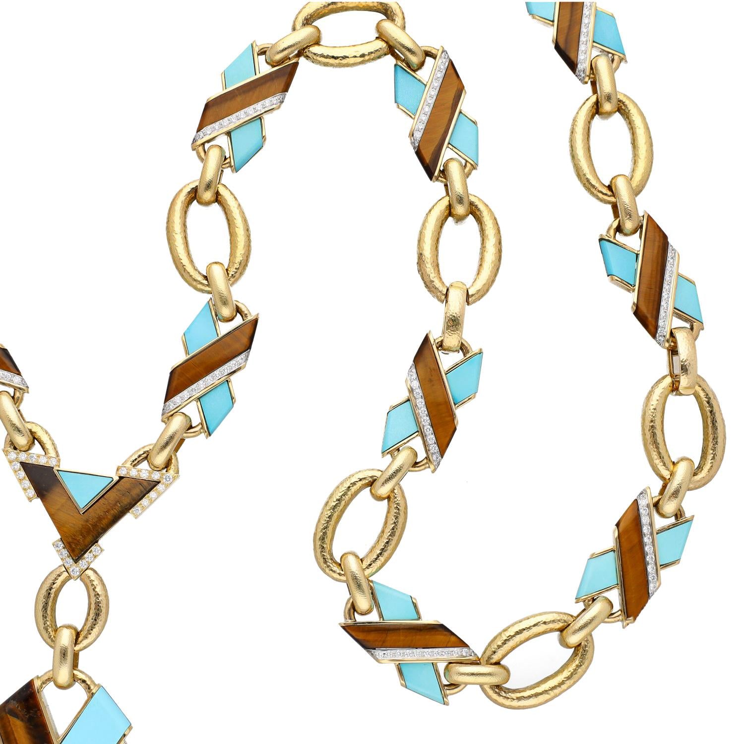 DAVID WEBB Tiger’s Eye, Turquoise and Diamond “X” Necklace/Bracelet