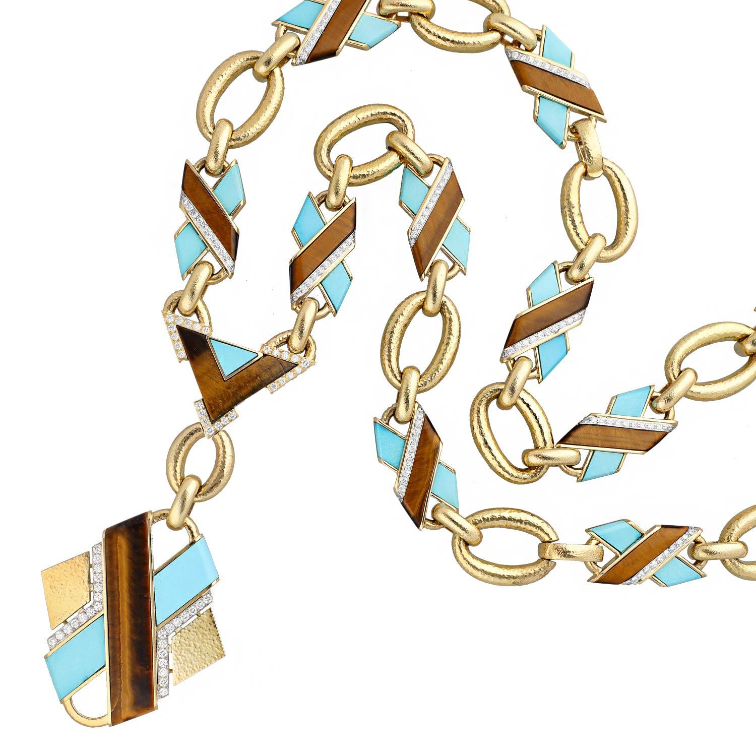 DAVID WEBB Tiger’s Eye, Turquoise and Diamond “X” Necklace/Bracelet