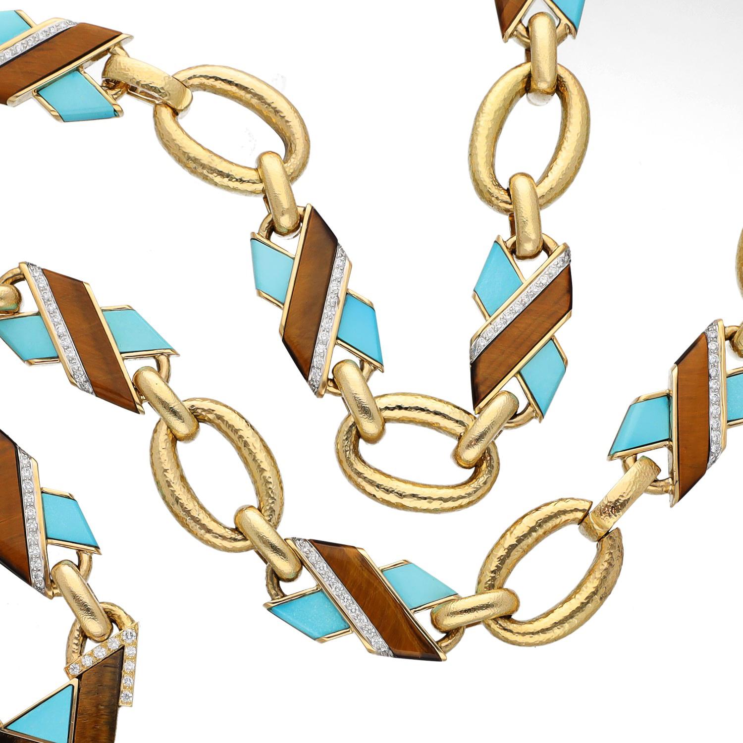 DAVID WEBB Tiger’s Eye, Turquoise and Diamond “X” Necklace/Bracelet