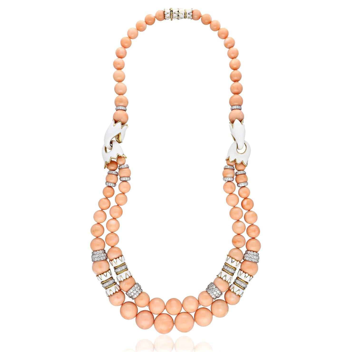 DAVID WEBB Coral Bead, White Enamel and Diamond Necklace